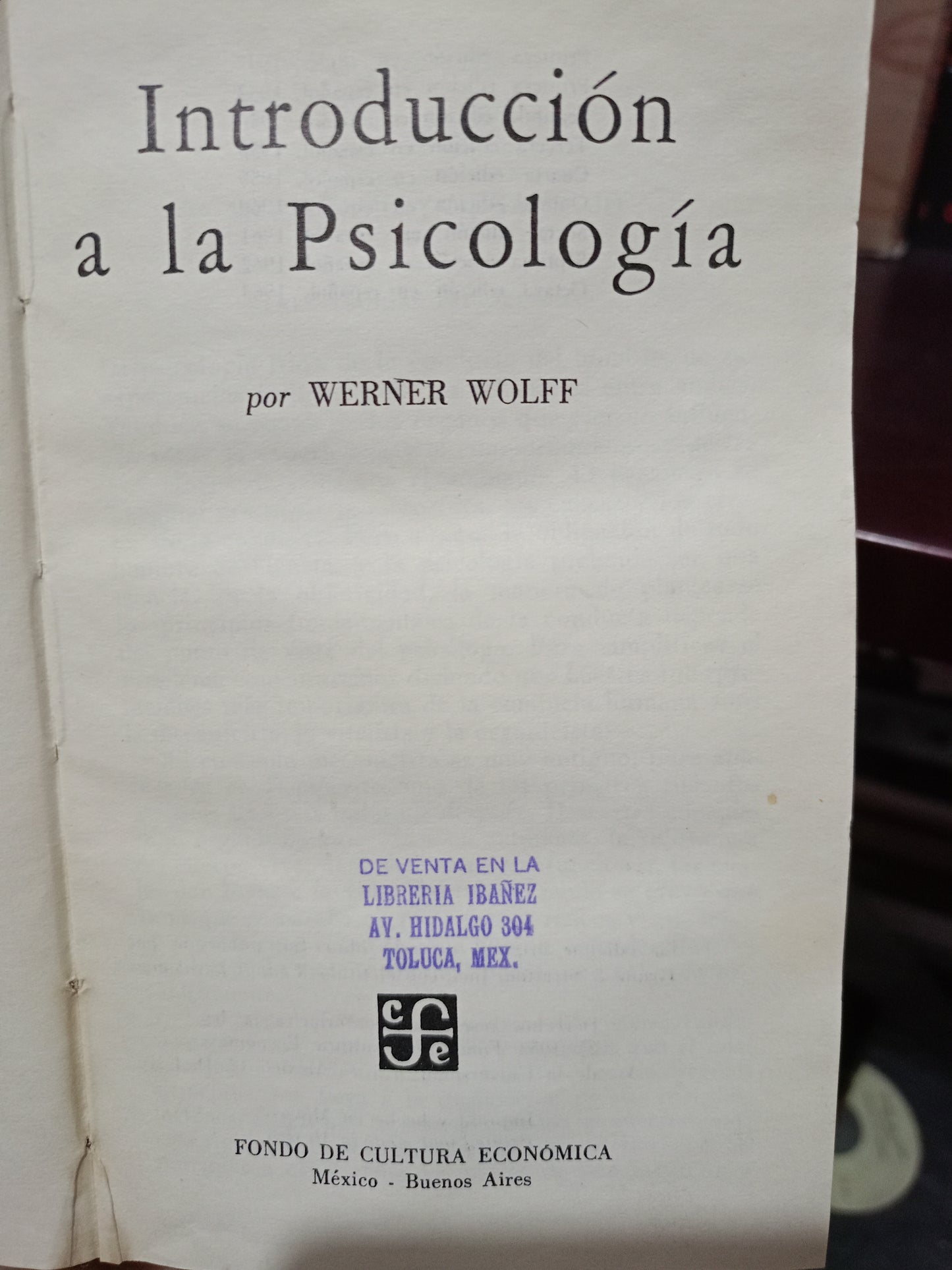 INTRODUCCIÓN A LA PSICOLOGÍA POR WERNER WOLFF USADO PSICOLOGÍA LITERARIO 305