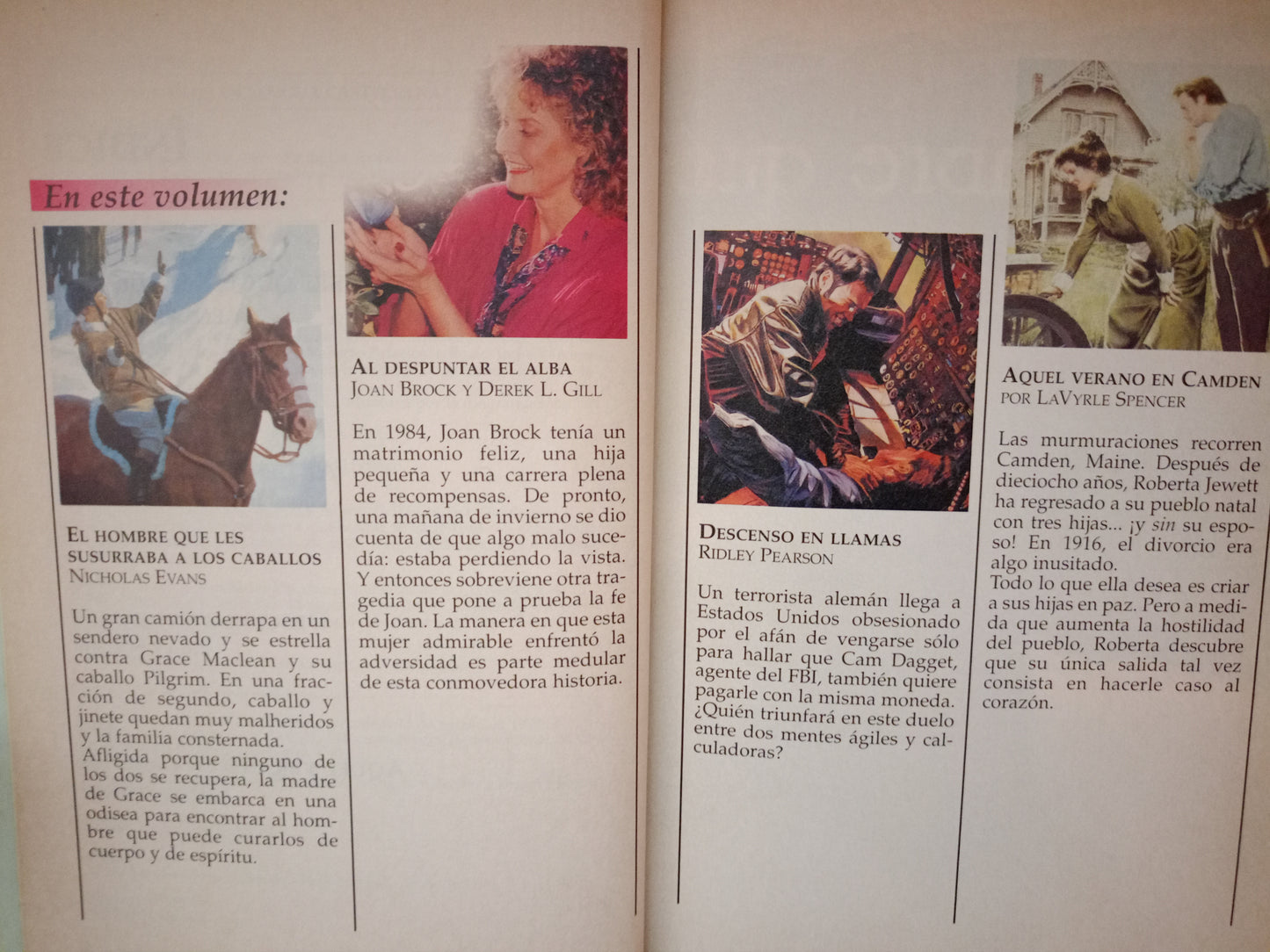 EL HOMBRE QUE LES SUSURRABA A LOS CABALLOS NICHOLAS EVANS AL DESPUNTAR EL ALBA JOAN BROCK Y DEREK L. GILL DESCENSO EN LLAMAS RIDLEY PEARSON AQUEL VERANO EN CAMDEN LAVYRLE SPENCER USADO NOVELA LITERARIO 305