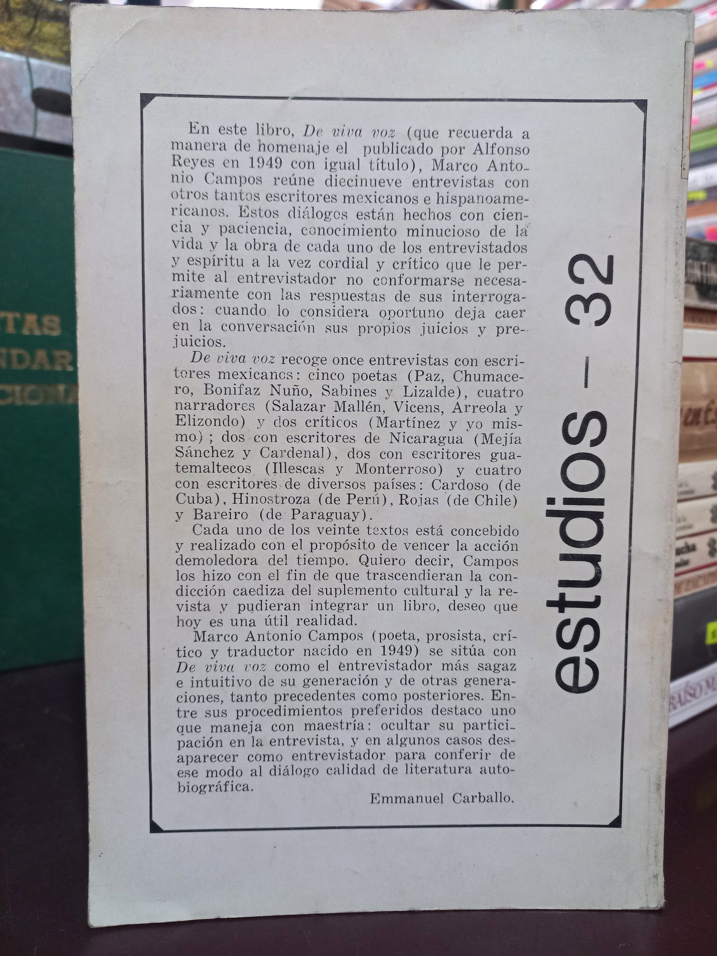 DE VIVA VOZ (ENTREVISTAS CON ESCRITORES) POR MARCO ANTONIO CAMPOS USADO HISTORIA LITERARIO 305