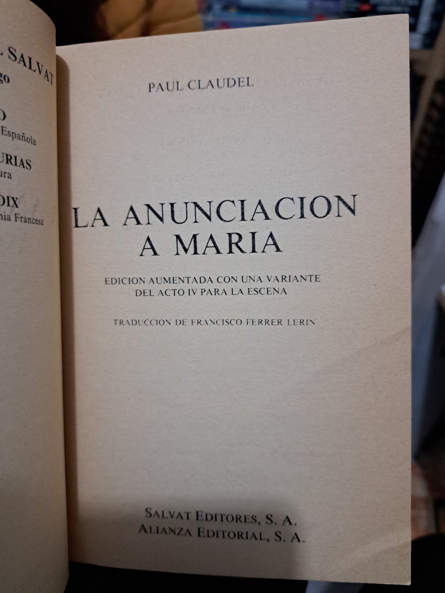 LA ANUNCIACIÓN A MARÍA PAUL CLAUDEL USADO NOVELA JUÁREZ