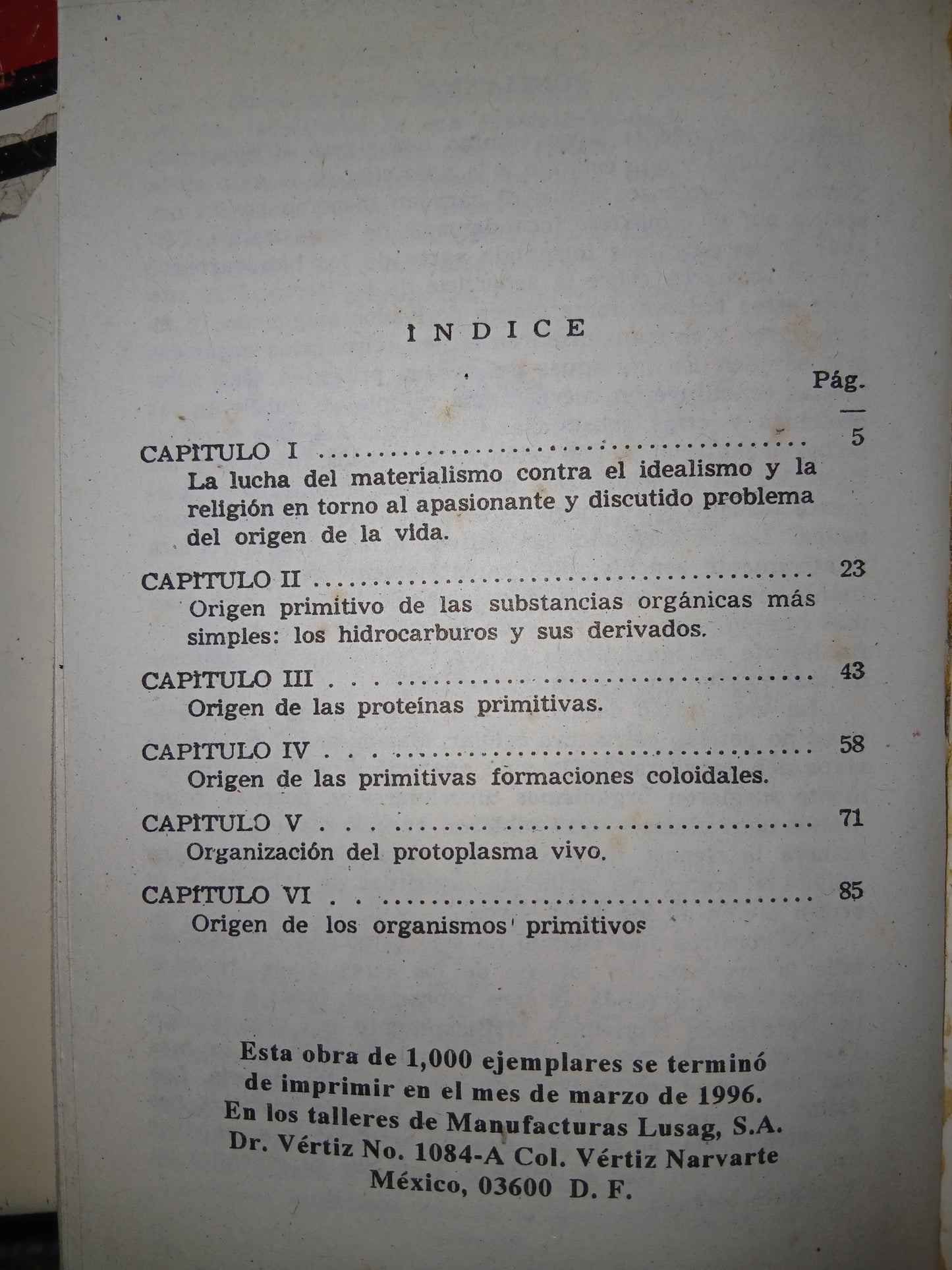 EL ORIGEN DE LA VIDA POR A. OPARIN USADO CIENCIA LITERARIO 207