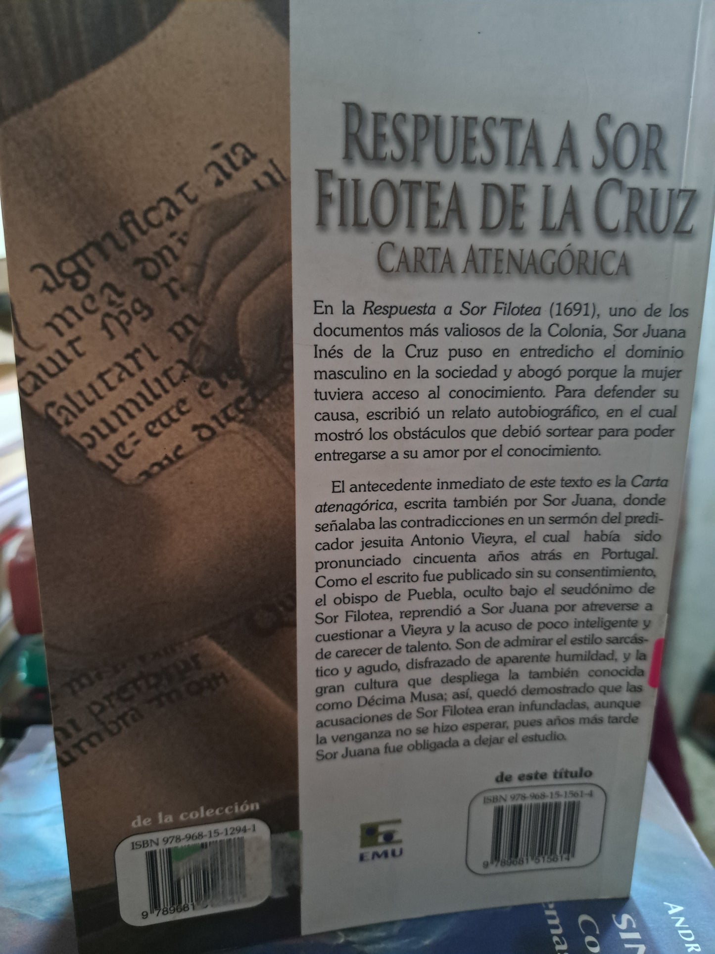 RESPUESTA A SOR FILOTEA DE LA CRUZ CARTA ATENAGÓRICA  SOR JUANA INÉS DE LA CRUZ USADO POESÍA ALDAMA