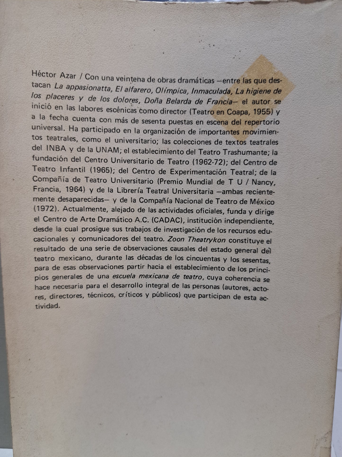 ZOON THEATRYKON (TEORÍA CADAC) HÉCTOR AZAR USADO NOVELA JUÁREZ