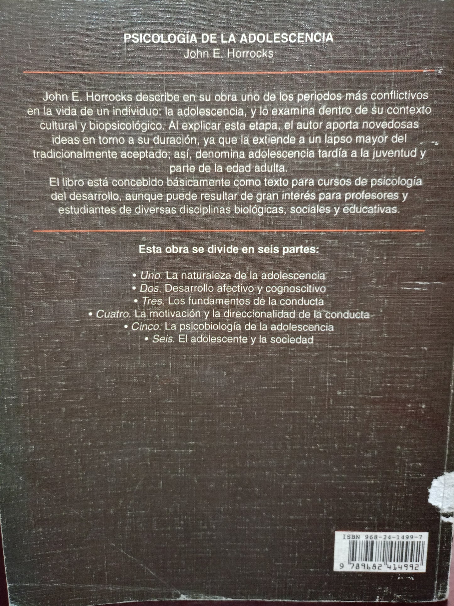 PSICOLOGÍA DE LA ADOLESCENCIA POR JOHN E. HORROCKS USADO PSICOLOGÍA LITERARIO 305