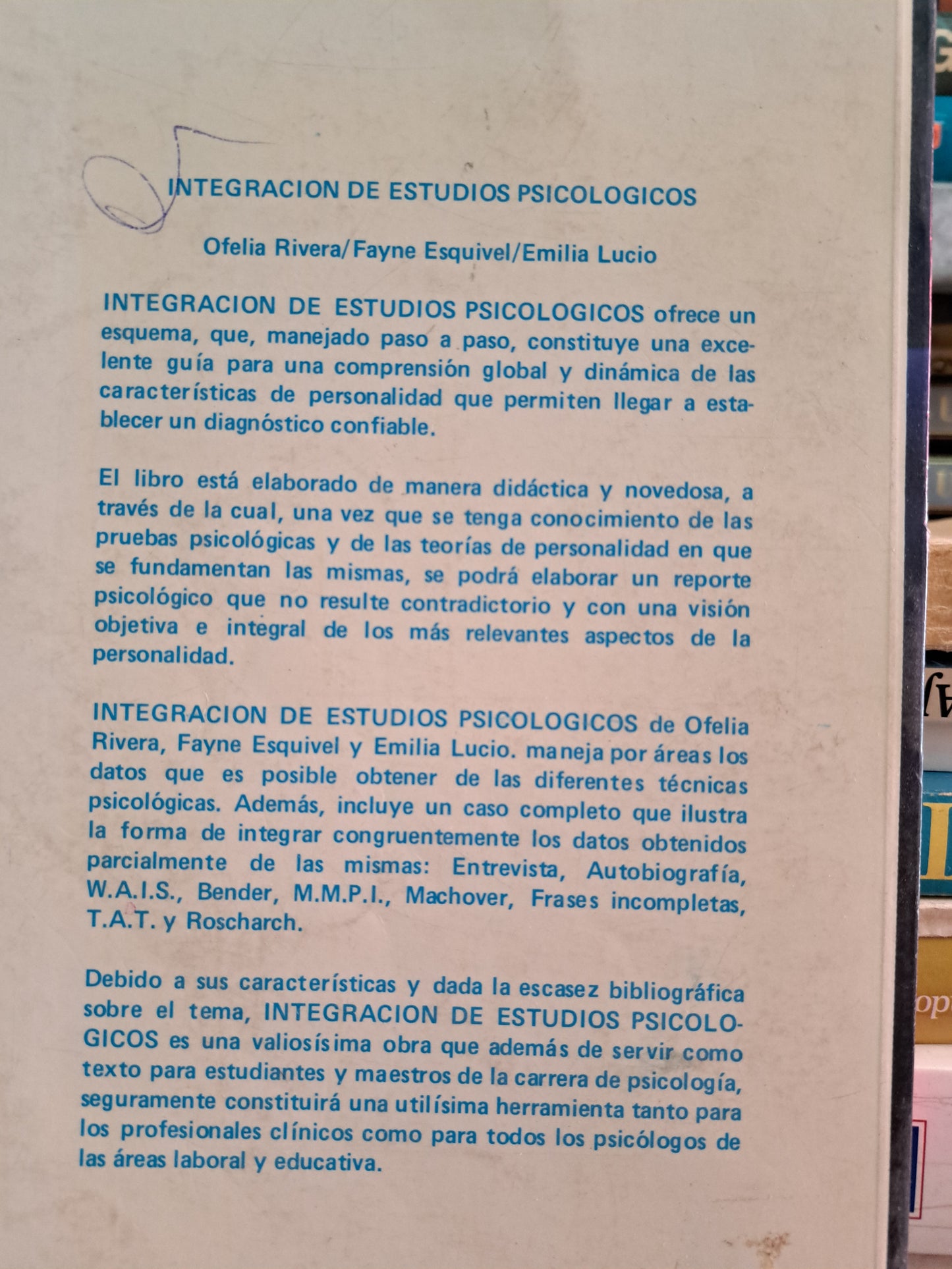 INTEGRACIÓN DE ESTUDIOS PSICOLÓGICOS OFELIA RIVERA, FAYNE ESQUIVEL, EMILIA LUCIO USADO PSICOLOGÍA LITERARIO 305