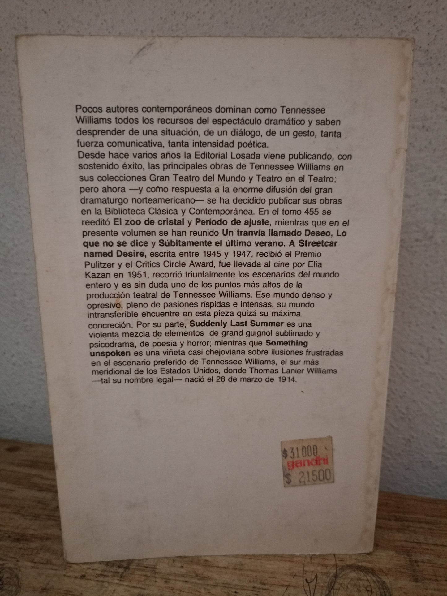 UN TRANVÍA LLAMADO DESEO POR TENNESSEE WILLIAMS USADO NOVELA LITERARIO 305