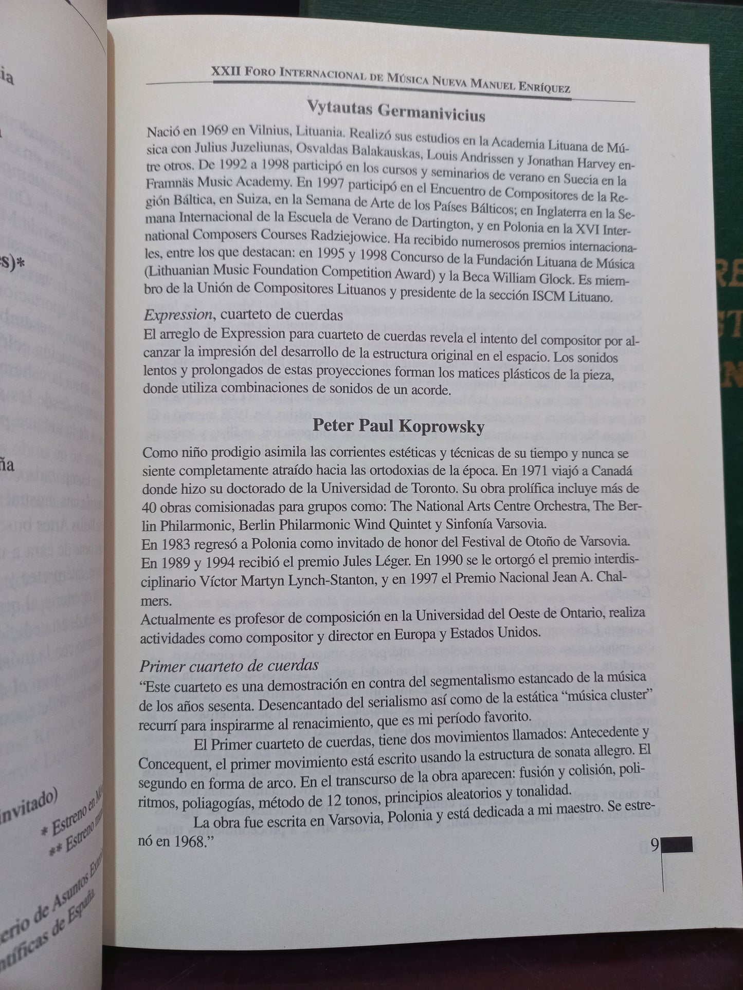 XXII FORO INTERNACIONAL DE MÚSICA NUEVA MANUEL ENRÍQUEZ 2000 USADO HISTORIA LITERARIO 305