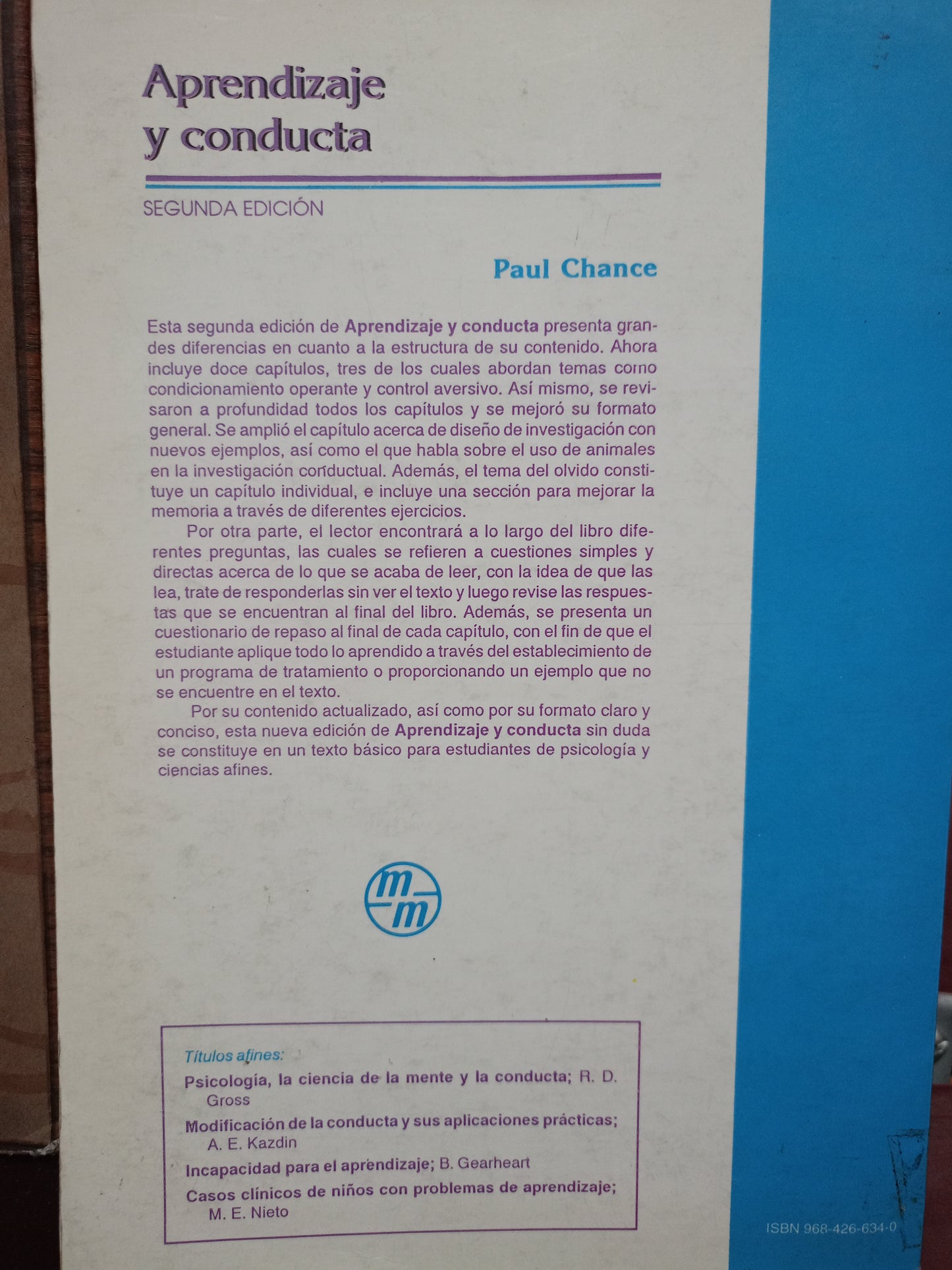 APRENDIZAJE Y CONDUCTA POR PAUL CHANCE USADO PSICOLOGÍA LITERARIO 305