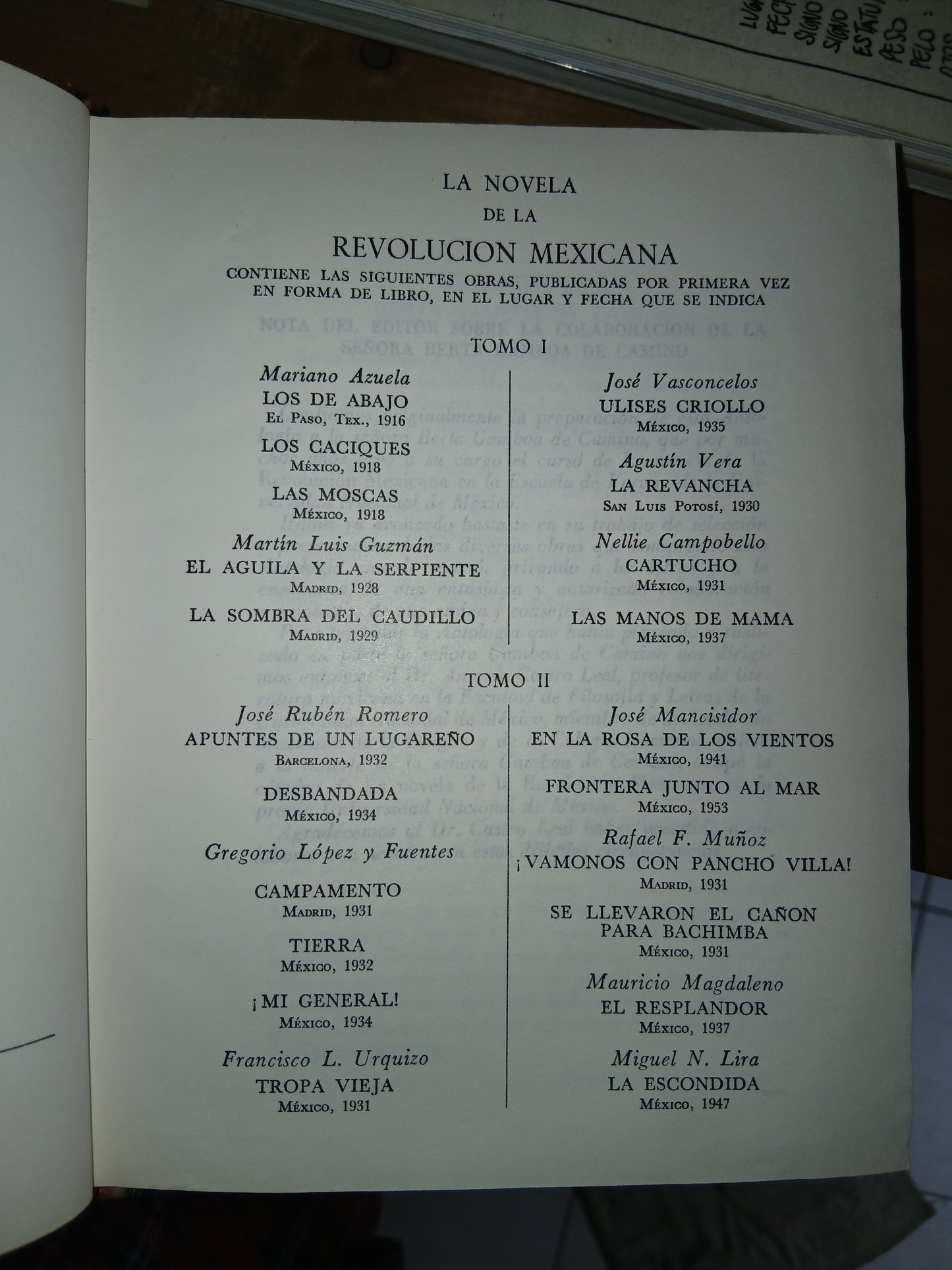 LA NOVELA DE LA REVOLUCIÓN MEXICANA TOMO I POR ANTONIO CASTRO LEAL (COMPILADOR) USADO NOVELA LITERARIO 207