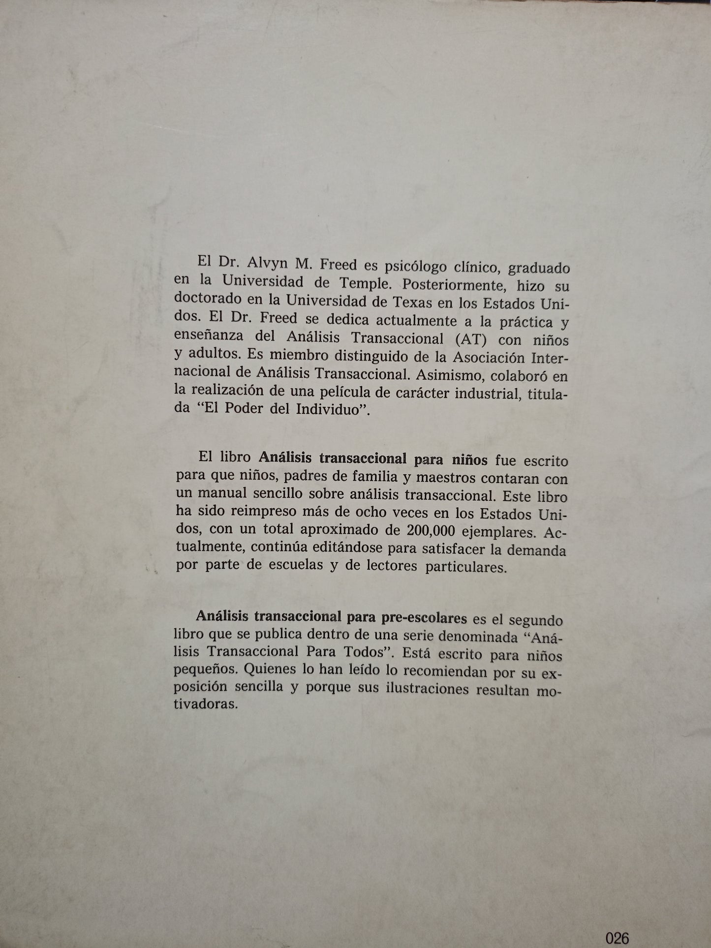 ANÁLISIS TRANSACCIONAL PARA NIÑOS POR ALVYN M. FREED USADO PSICOLOGÍA LITERARIO 305
