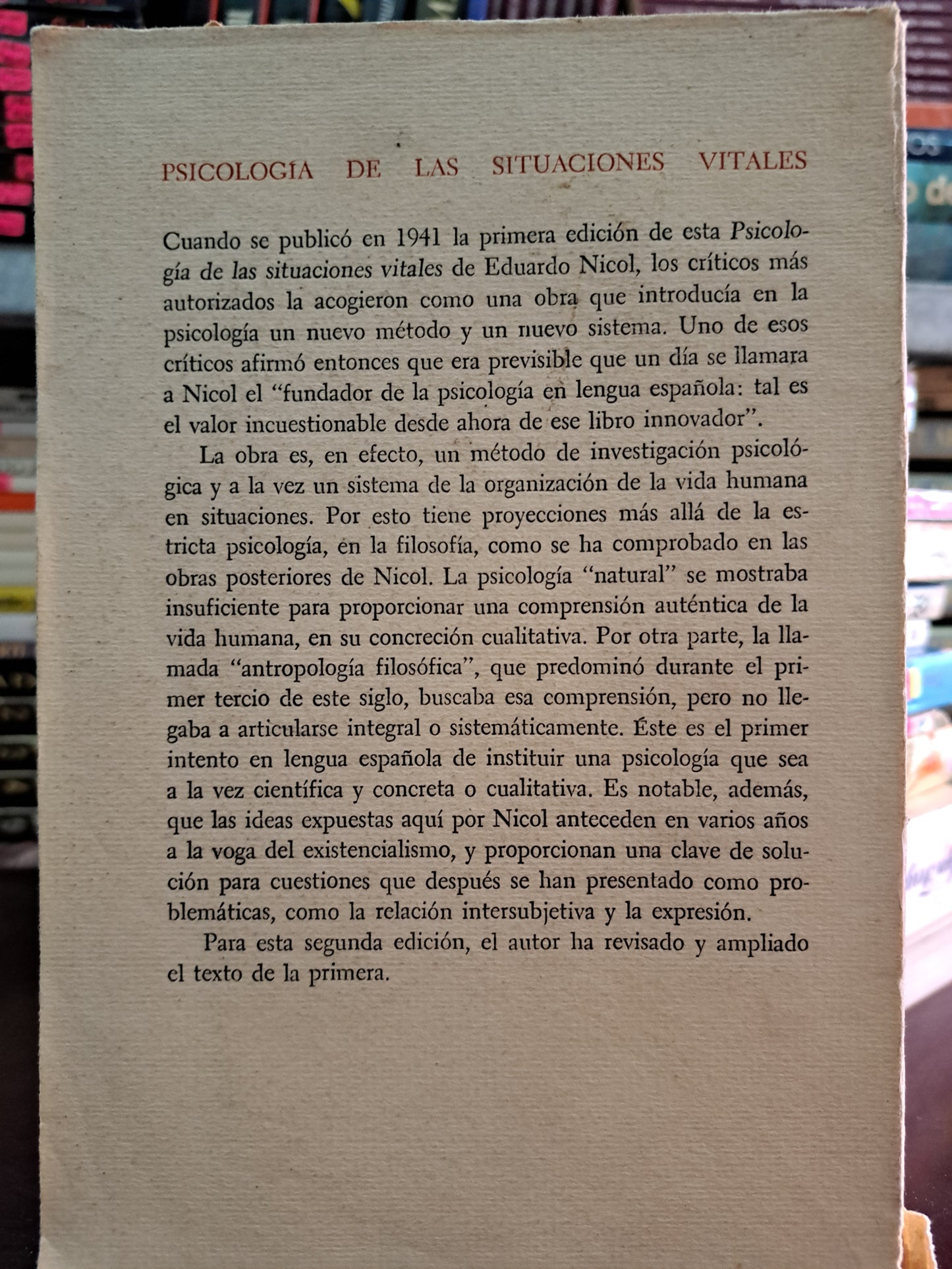 PSICOLOGÍA DE LAS SITUACIONES VITALES EDUARDO NICOL USADO PSICOLOGÍA LITERARIO 305