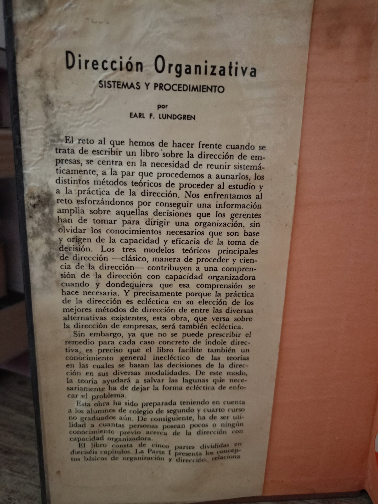 DIRECCIÓN ORGANIZATIVA SISTEMAS Y PROCEDIMIENTOS POR EARL F. LUNDGREN USADO ADMINISTRACIÓN LITERARIA 305