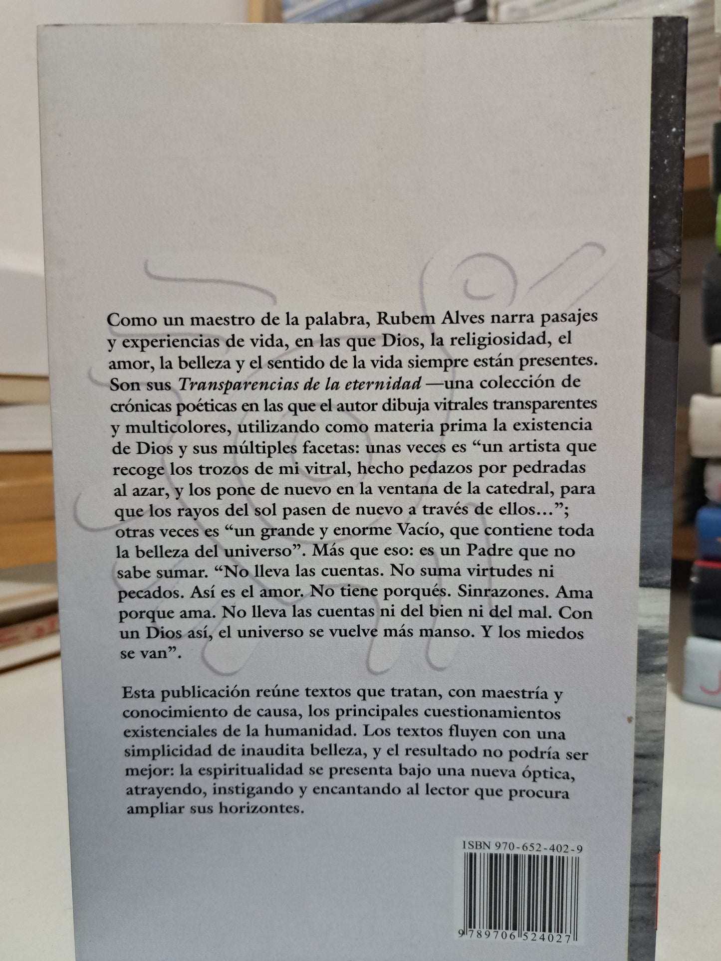 TRANSPARENCIAS DE ETERNIDAD RUBEM ALVES USADO NOVELA JUÁREZ